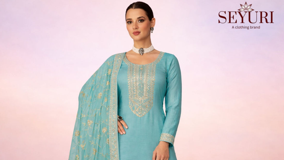 Plus size turquoise salwar kameez with embroidered dupatta for women ethnic wear