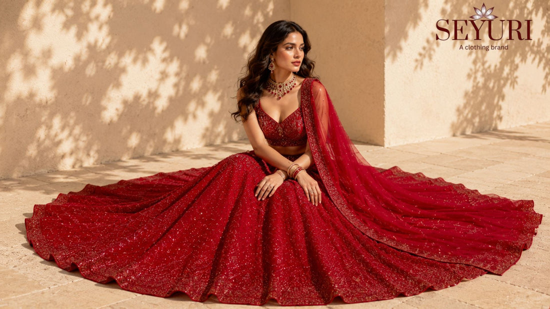 Red bridal lehenga choli with heavy embroidery worn by woman in elegant outdoor courtyard