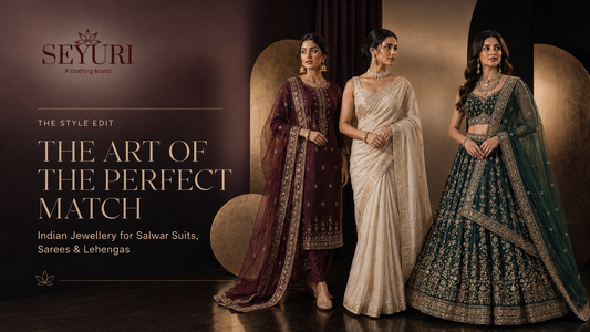 Indian jewelry styled with a salwar suit, saree and lehenga by Seyuri