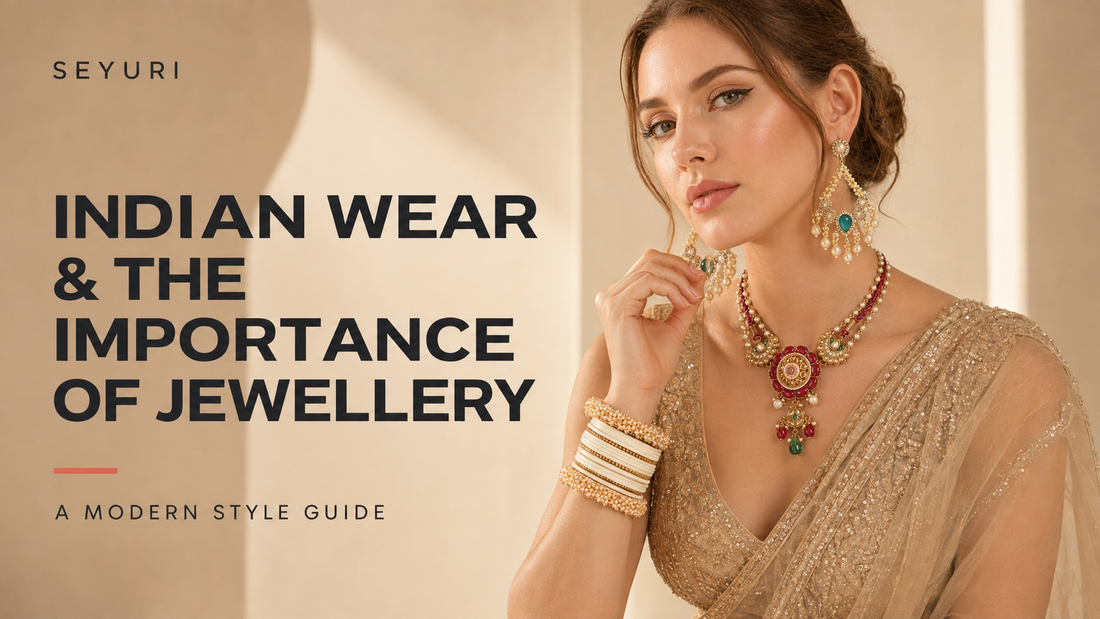 Modern Indian wear styled with pearl earrings, a statement necklace and bangles by SEYURI