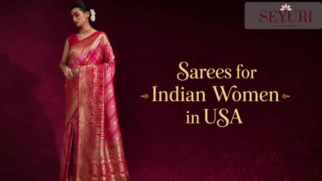 Elegant pink and gold silk saree worn by Indian woman, styled for Indian women in USA