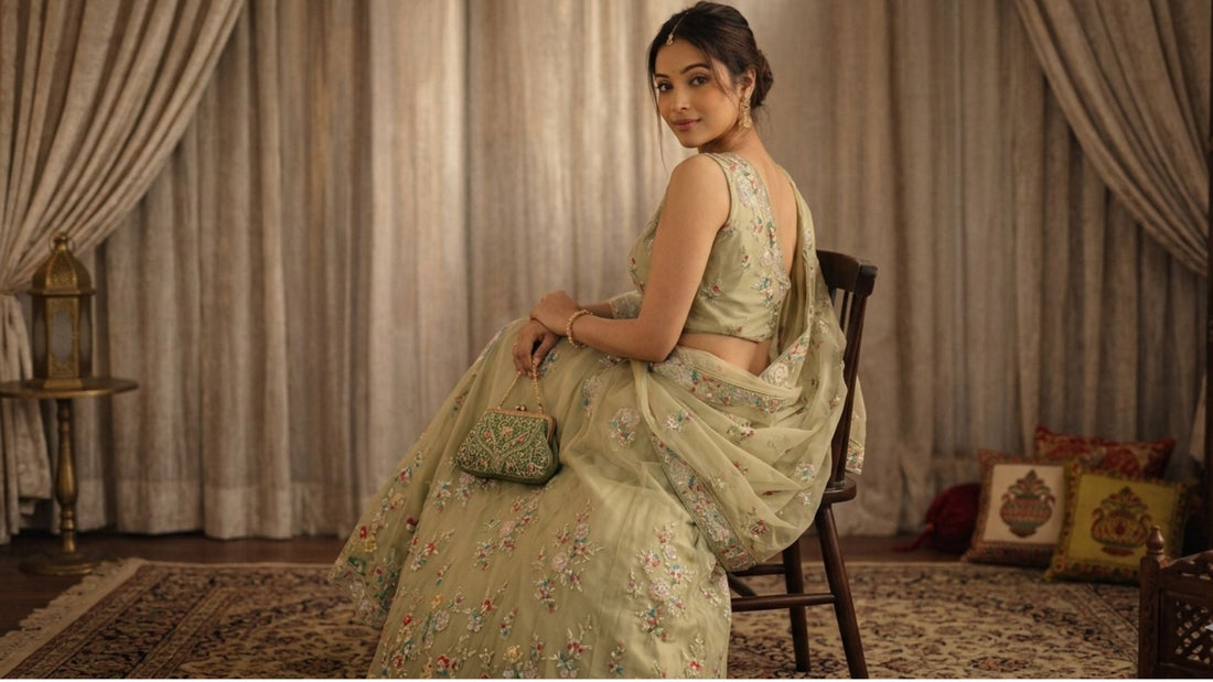 Woman wearing soft beige embroidered designer outfit in luxury editorial fashion photoshoot with natural lighting