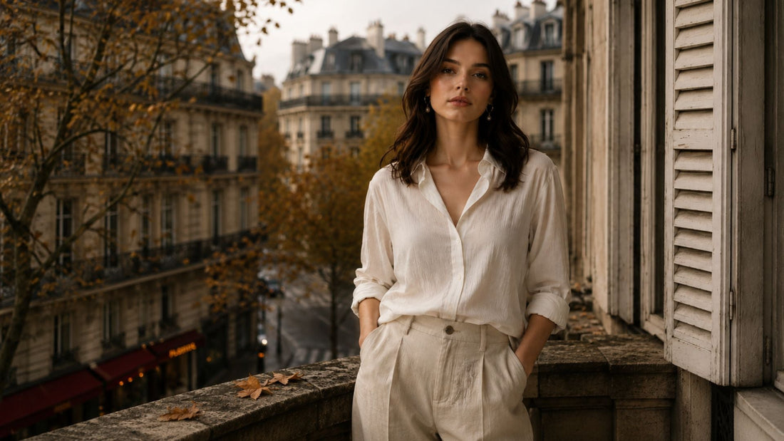 Elegant woman standing on a Paris balcony in autumn, wearing a cream blouse and beige trousers with a cinematic city background.