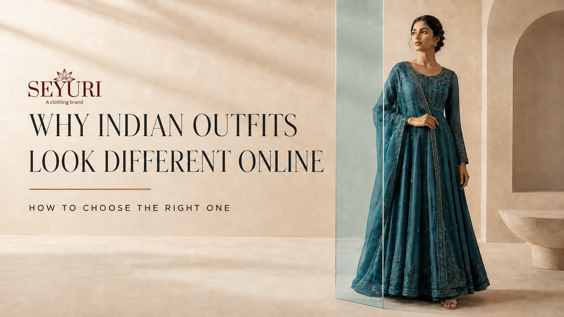 Seyuri guide to why Indian outfits look different online, featuring a model wearing an embroidered teal Anarkali gown.