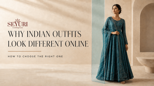 Seyuri guide to why Indian outfits look different online, featuring a model wearing an embroidered teal Anarkali gown.