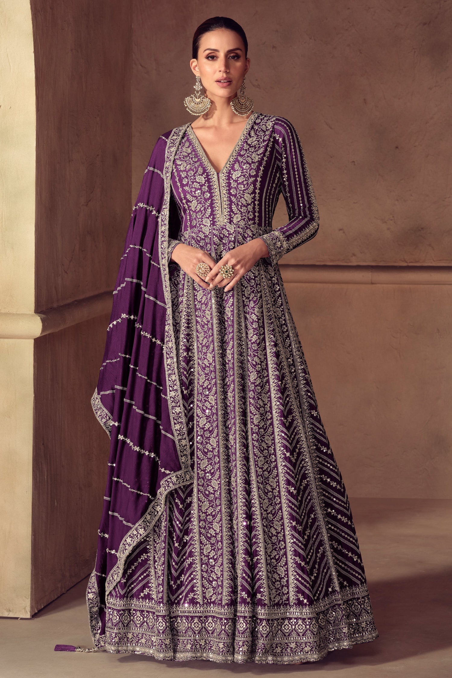 Pakistani Designer Purple Heavy Embroidered Anrakili Gown