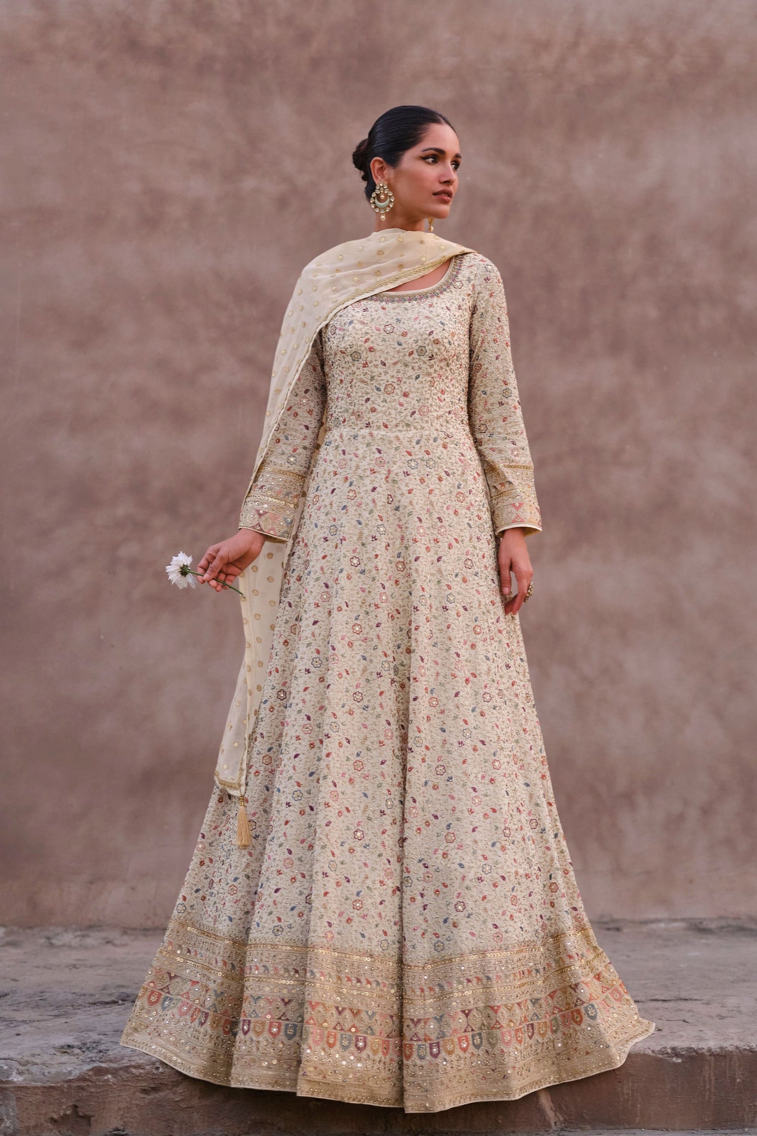 White Anarkali Salwar Suit Embroidery Worked Heavy Long Dupatta Suit