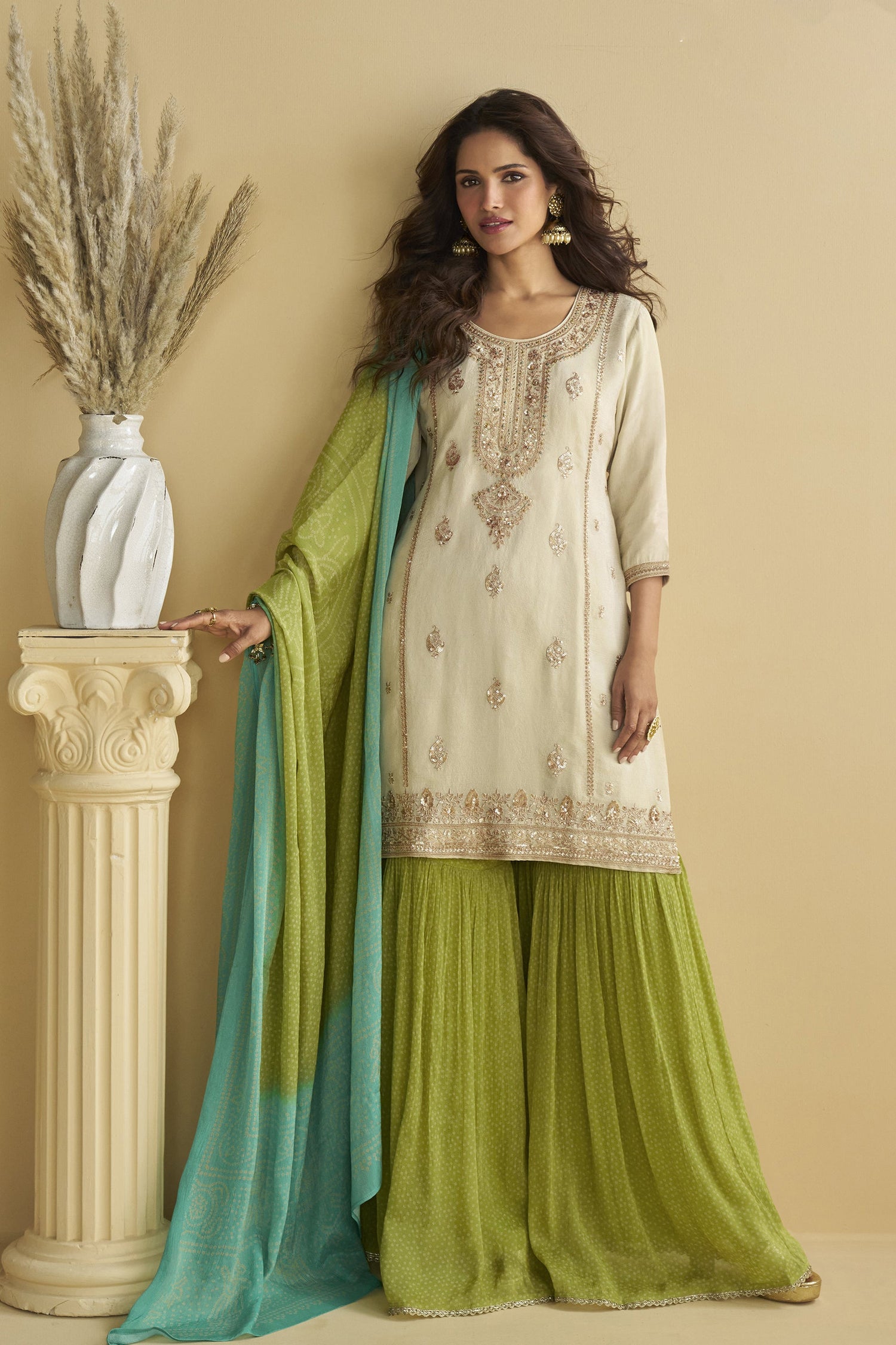 White Embroidered Sharara Suit For Party Wear 