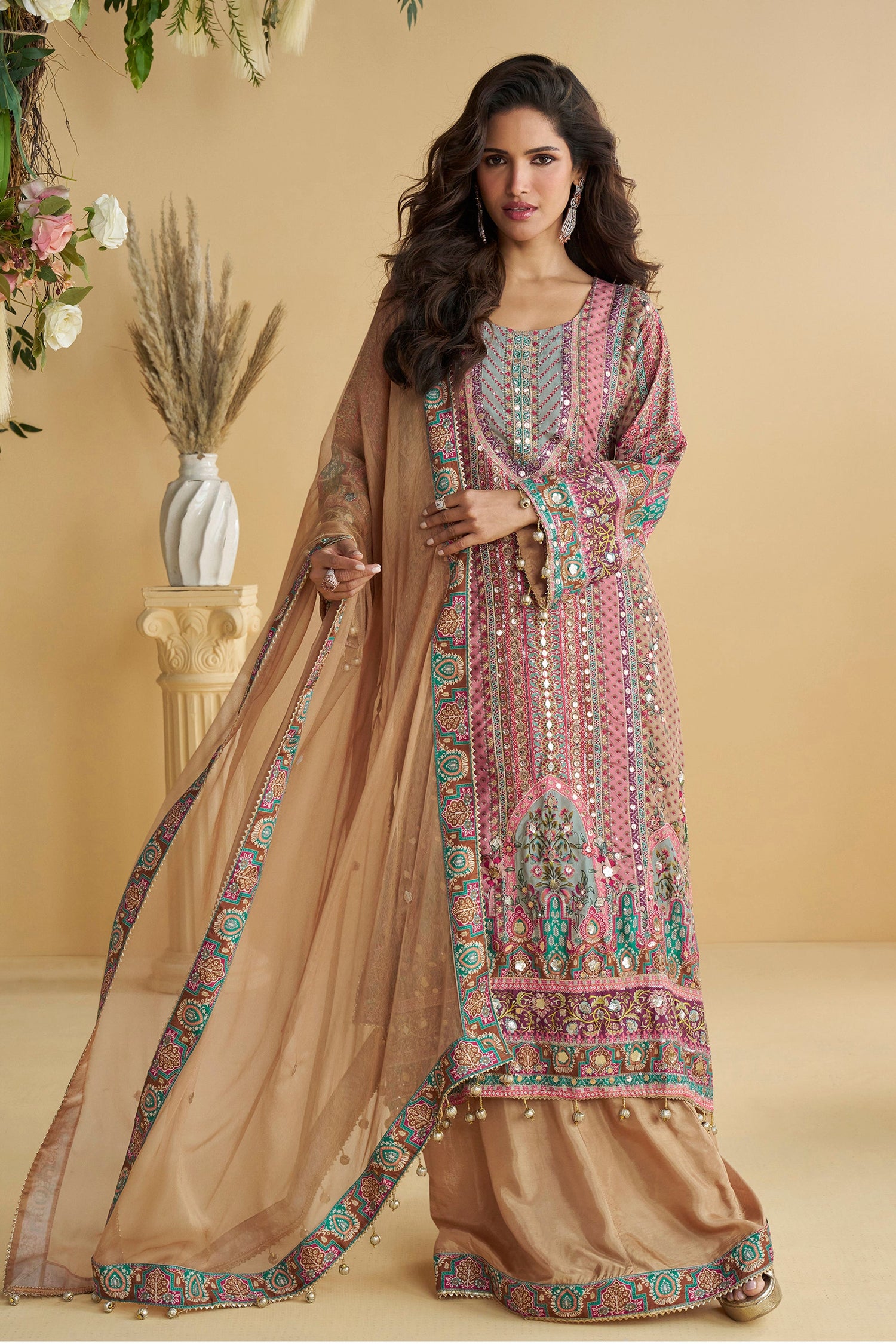 Elegant Beige Embroidered Palazzo Suit – Ethnic Salwar Kameez for Women