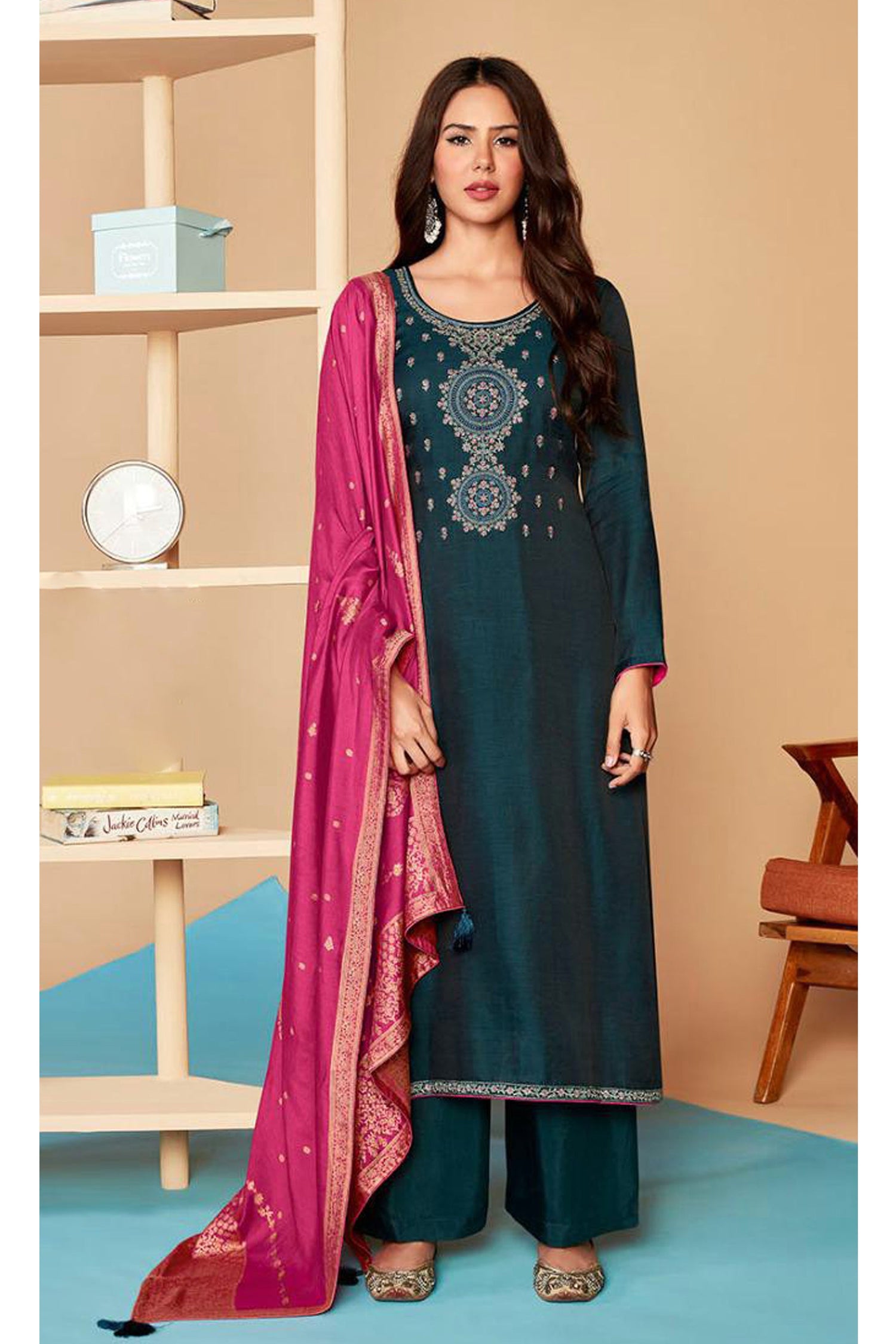 Indian Blue Jacquard Dsigner Palazzo Suit for Party Outfit 