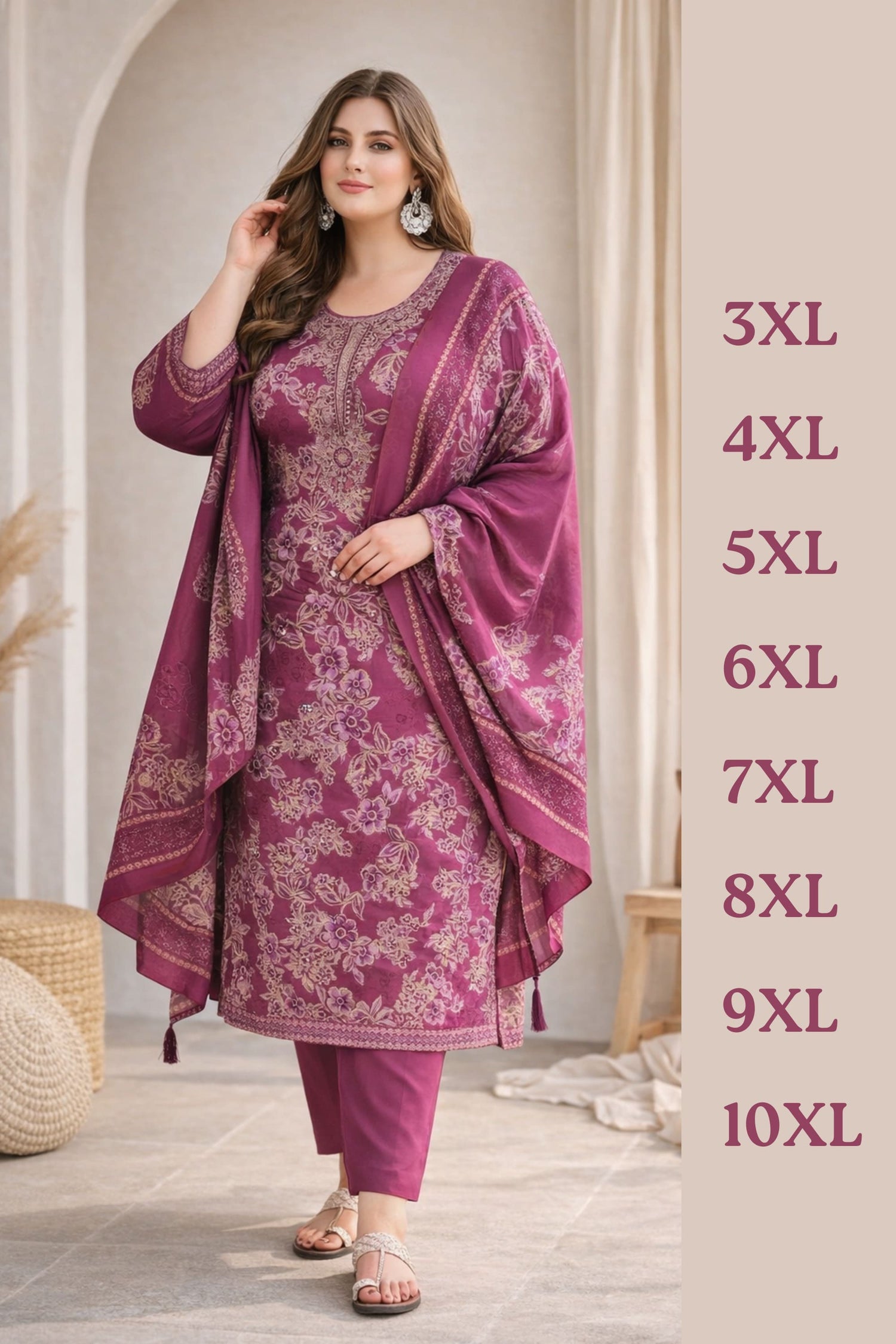 Luxury plus size ethnic kurta set with intricate floral embroidery and dupatta, available up to 10XL