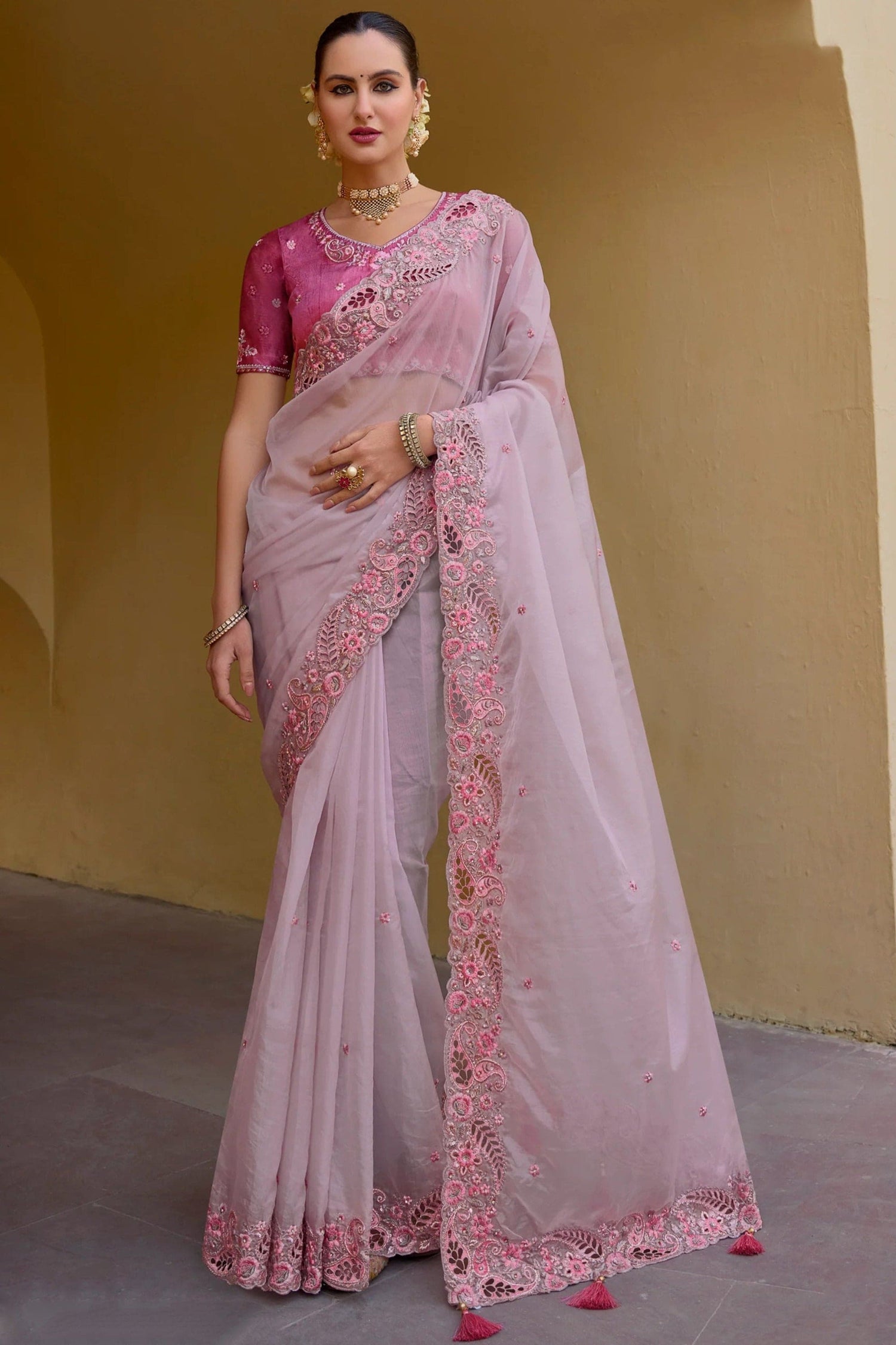 Pink Saree reflects softness and charm – perfect for graceful day functions.