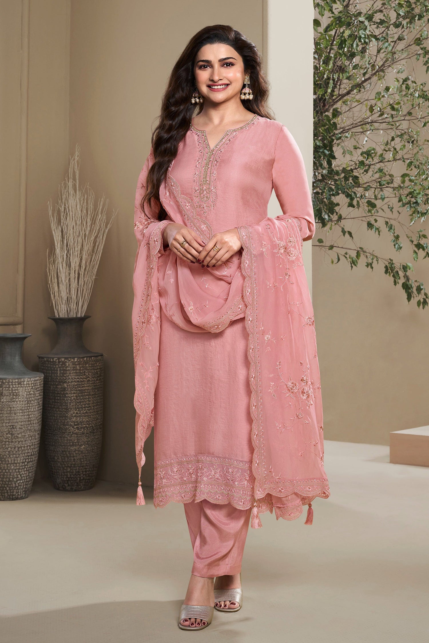 Pink Santoon Silk Embroidered Salwar Kameez for Wedding 