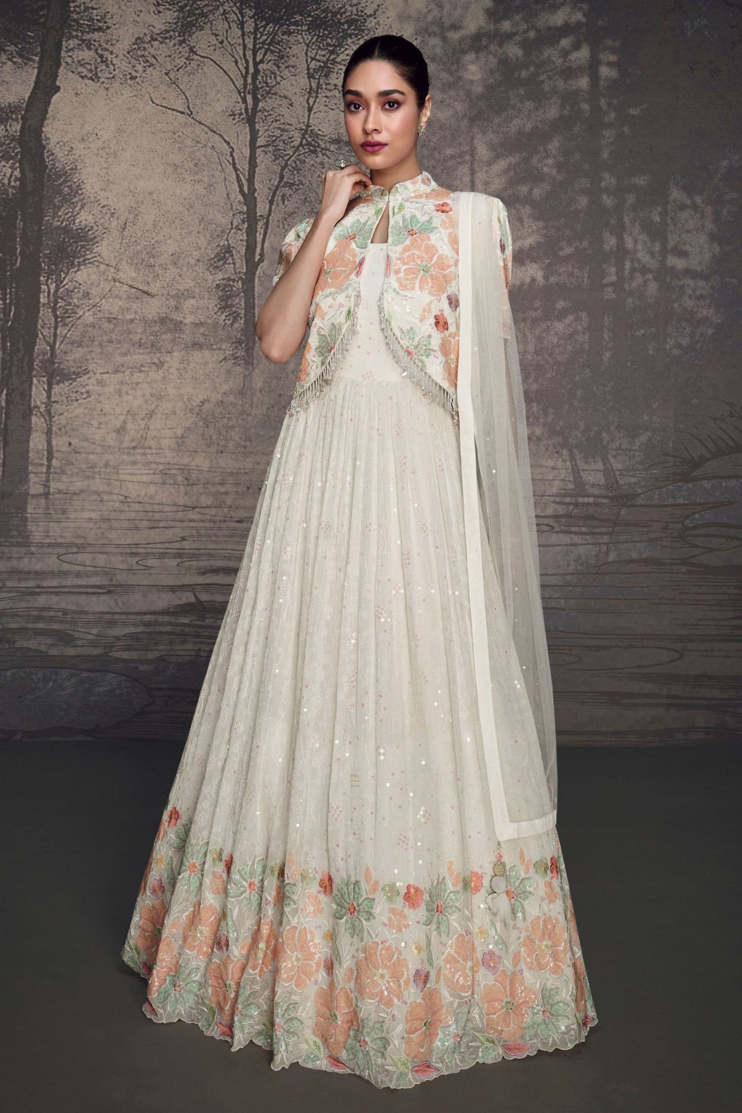 White Georgette Full Flared Long Real Georgette Indian Dress Anarkali Suit With Dupatta