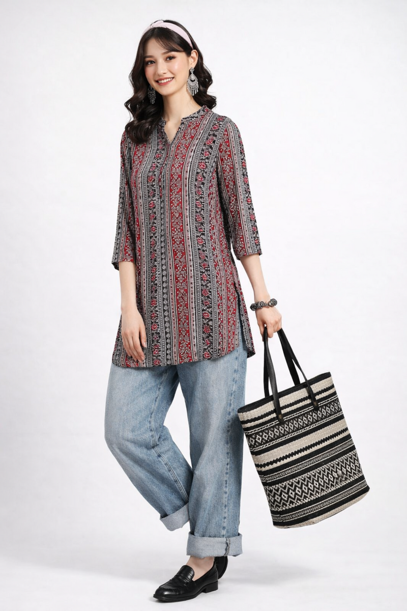 Multicolor short kurti front view with floral print