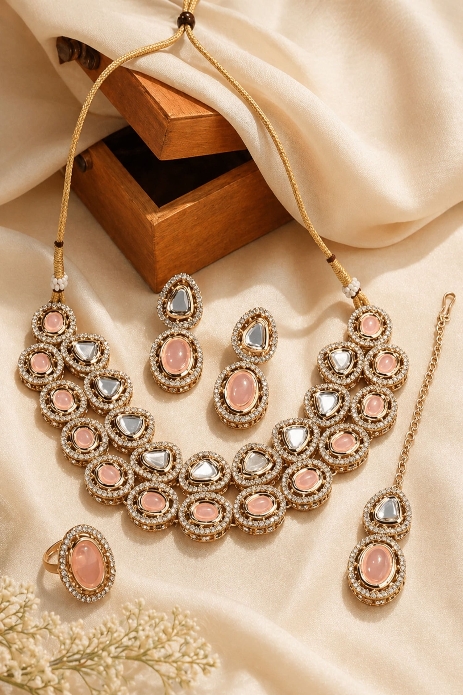 Layered blush and mirror detail necklace set on satin fabric