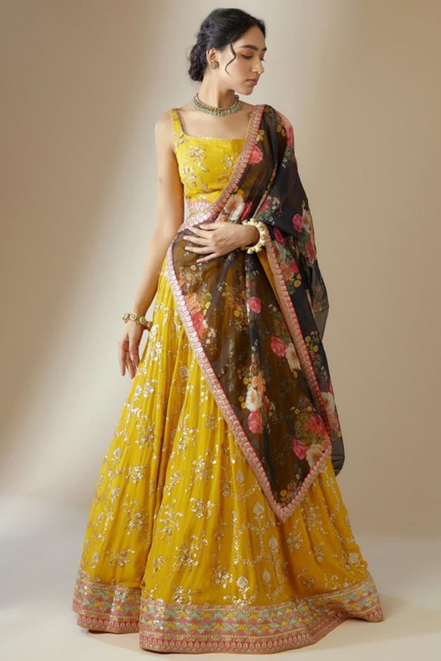 Yellow Georgette lehenga for day function