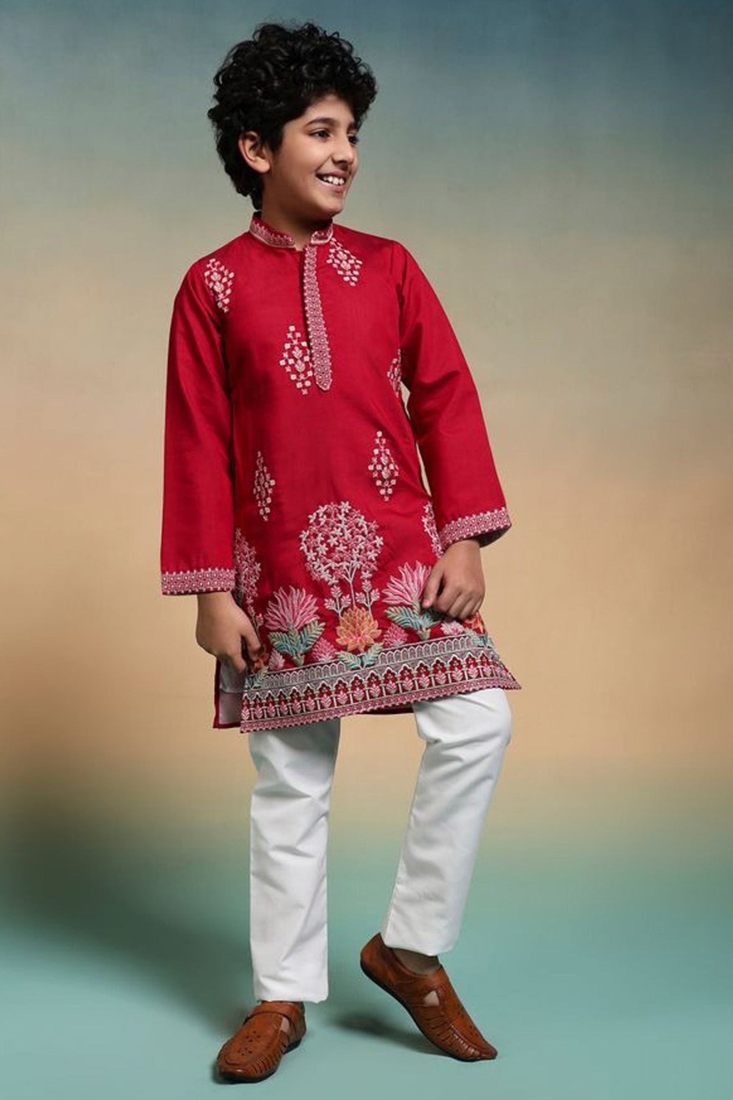 Red indian style kurta front view with embroidered detail
