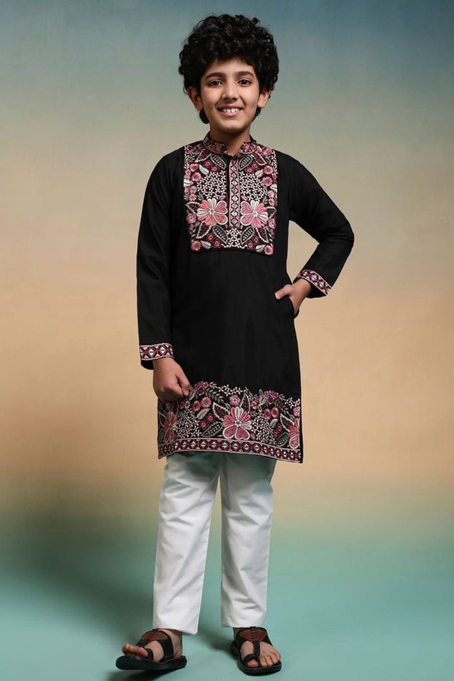 Kurta for boys in black with thread and sequence embroidered work
