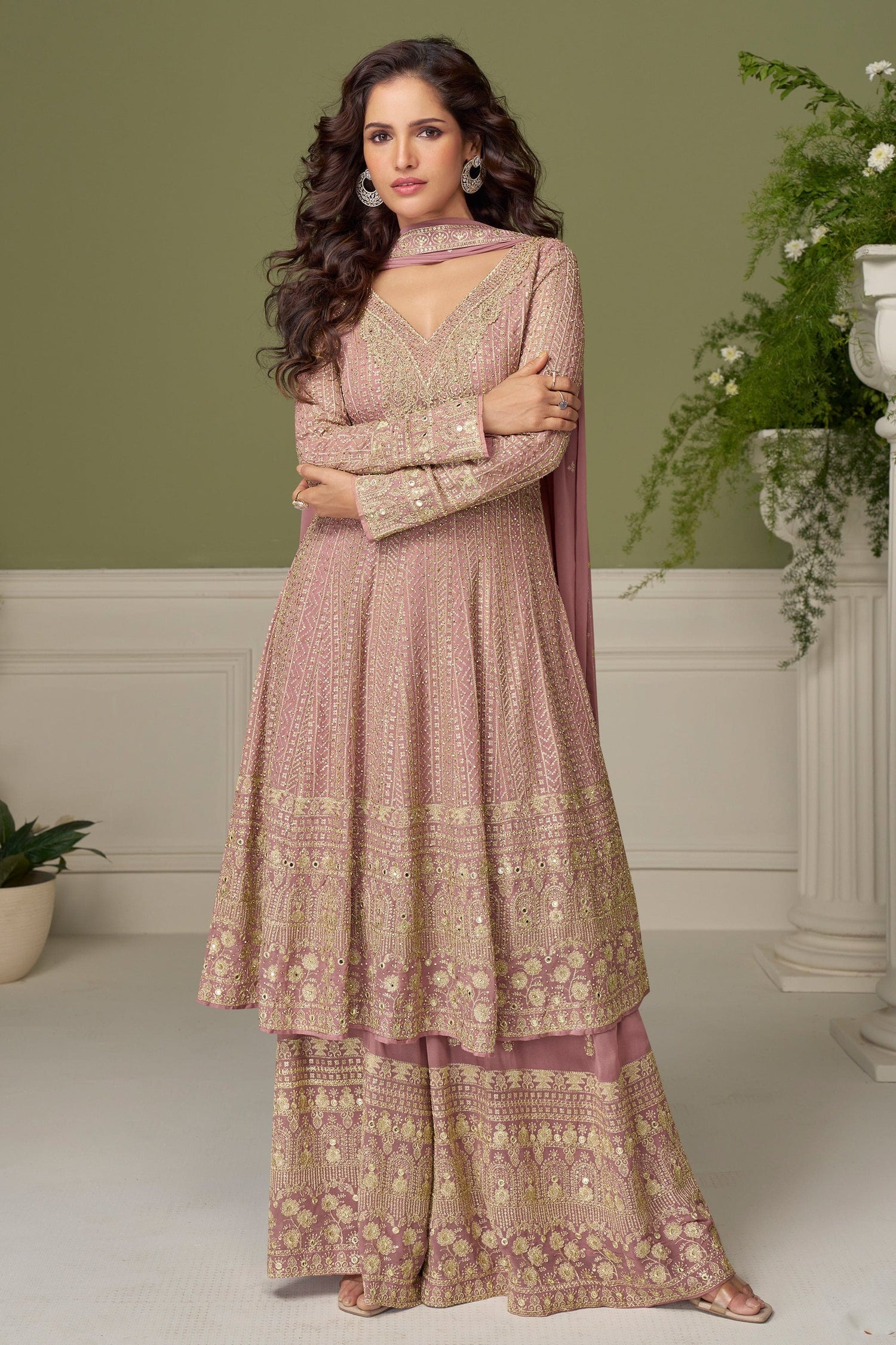 light pink palazzo pants front view with embroidery detail
