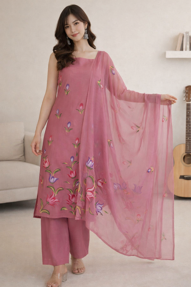 women’s kurti pink floral front view with dupatta