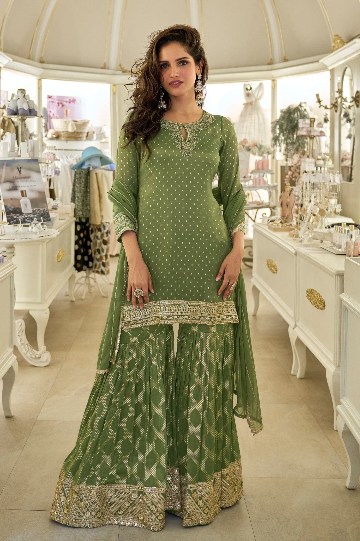Green palazzo pants for women with embroidered kameez front view