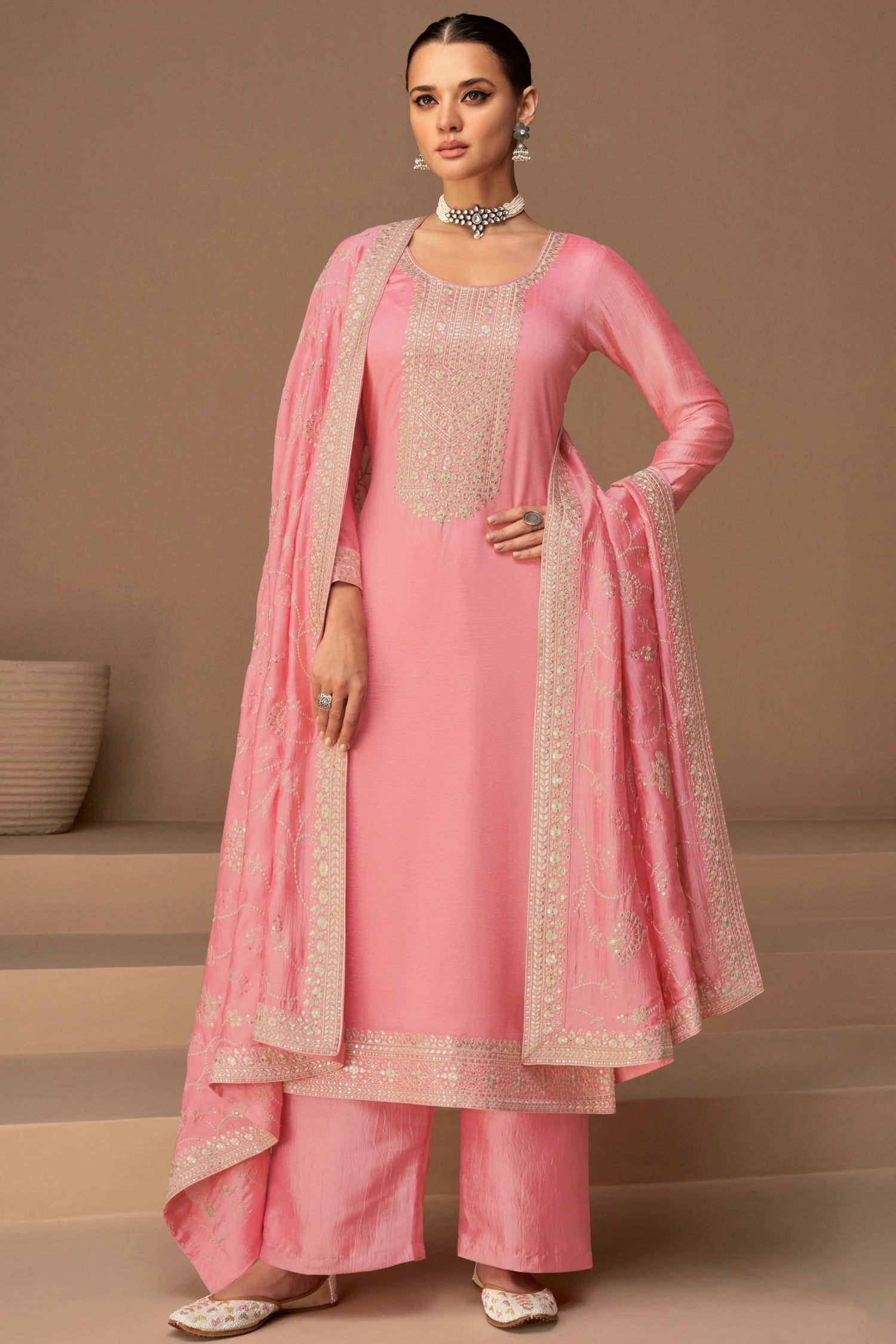 Pink Santoon Silk Embroidered Salwar Kameez for Wedding 