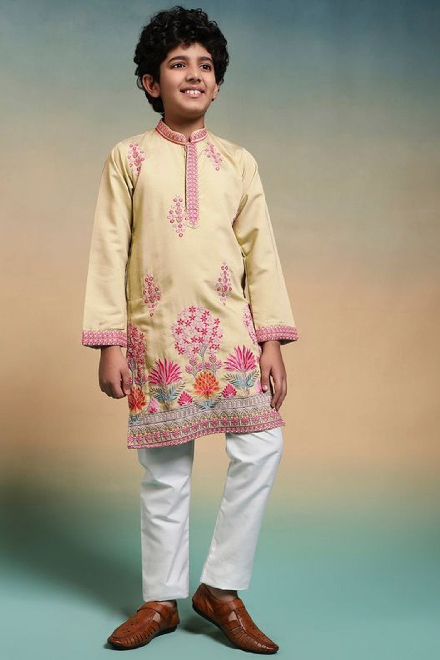 Yellow fancy kurta for boys front view with embroidery