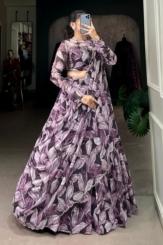 Purple Lehenga channels royalty and richness – perfect for opulent weddings, grand events, and statement looks.
