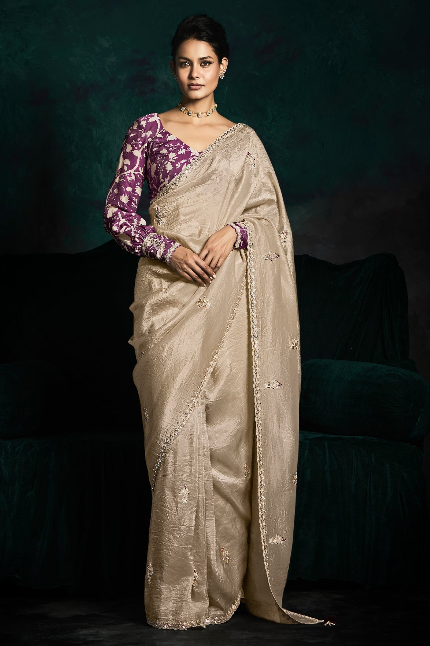 Beige Color Designer Embroidery Work Saree With Printed Blouse