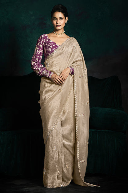 Beige Color Designer Embroidery Work Saree With Printed Blouse