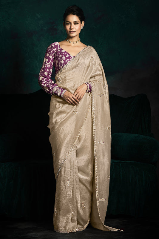 Beige Color Designer Embroidery Work Saree With Printed Blouse
