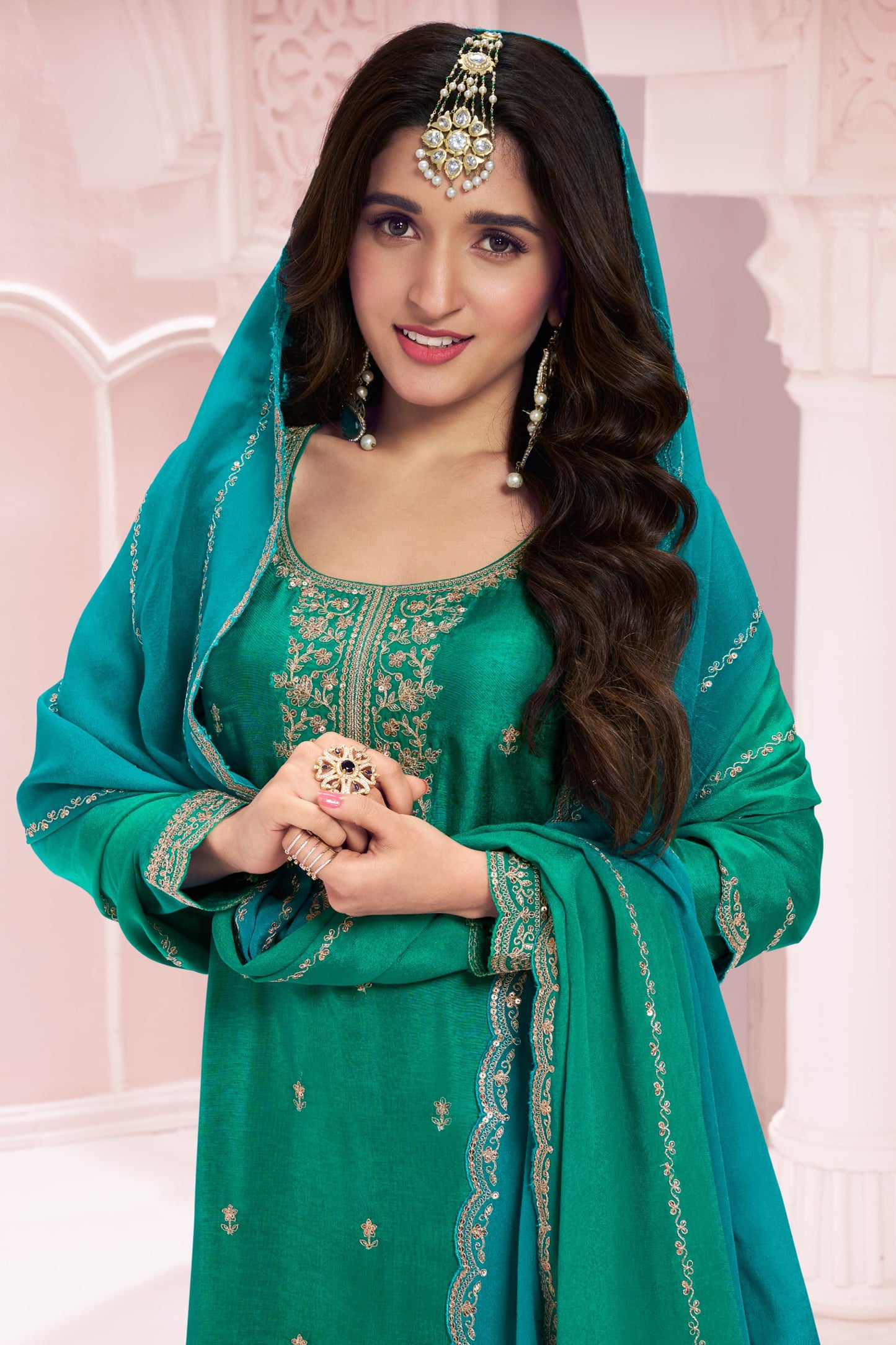 Wedding-Reception Special Dark Green Color Plazzo Dress With Dupatta