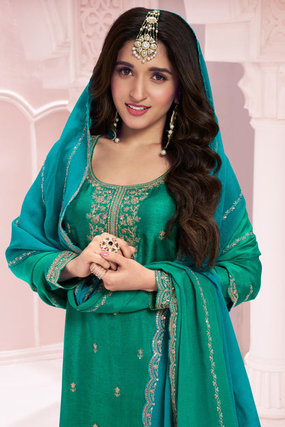 Wedding-Reception Special Dark Green Color Plazzo Dress With Dupatta