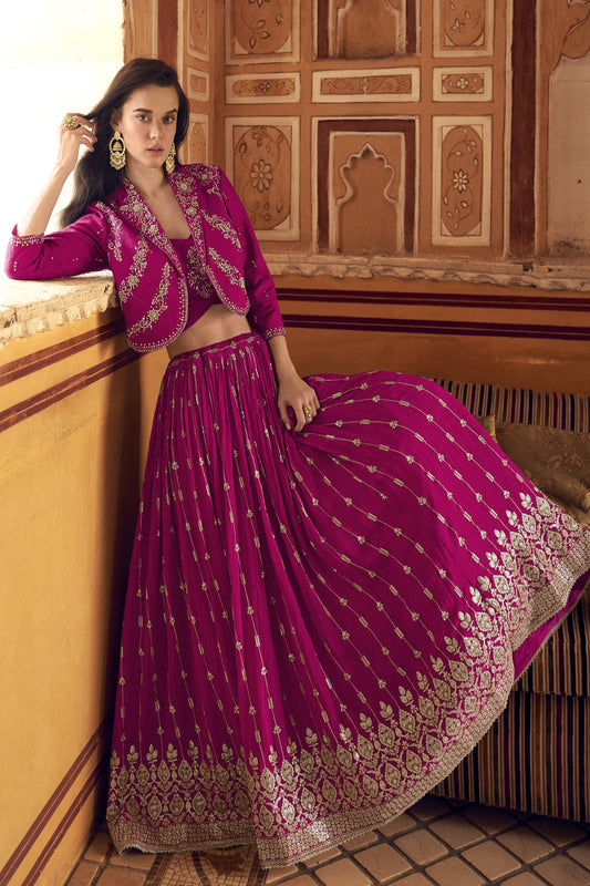Western-style rani pink embroidered lehenga, ready to wear in USA.