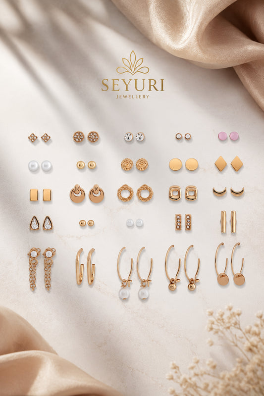 25 pack earrings set arranged with studs, hoops and drop designs
