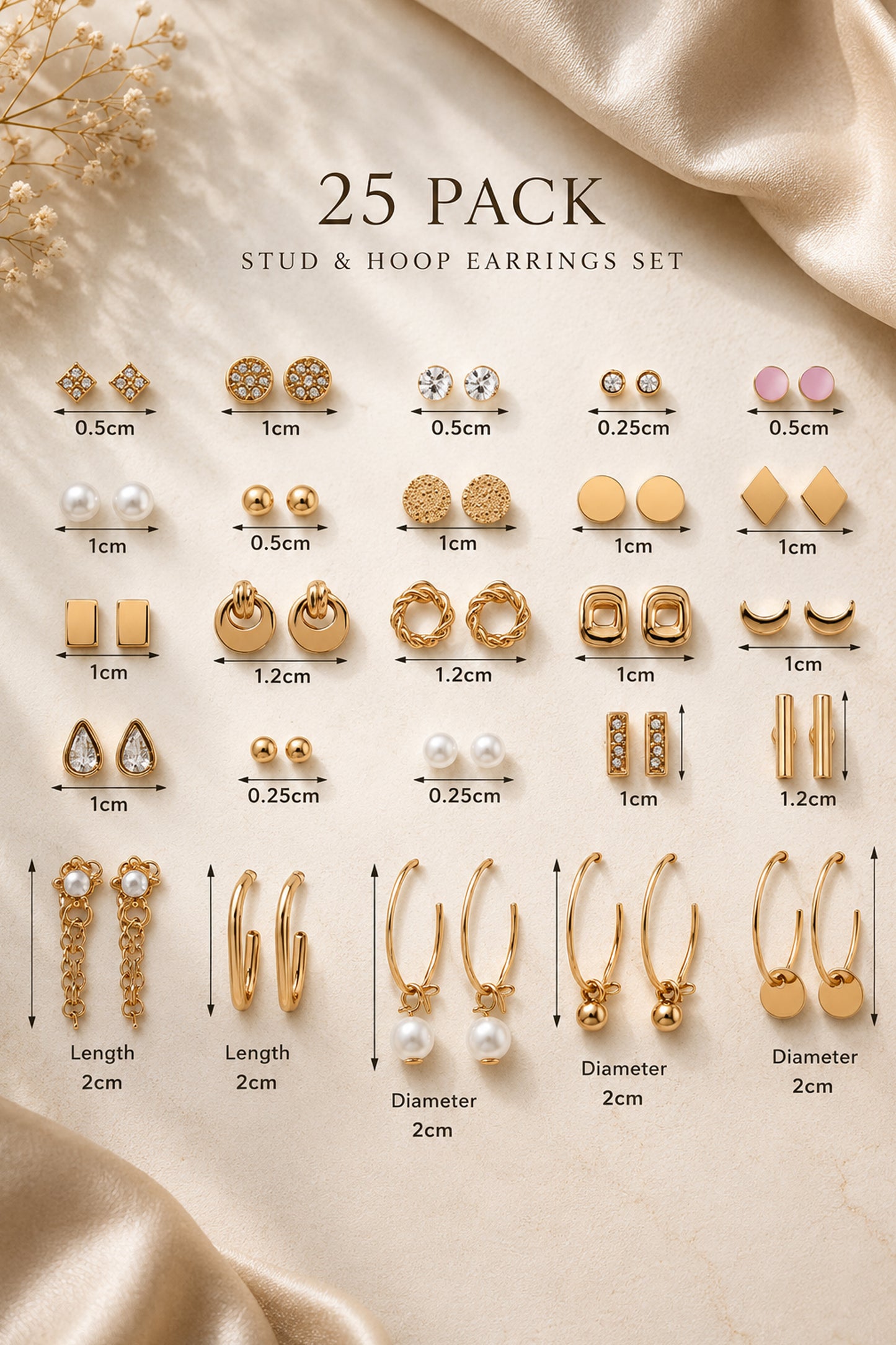 25 pack earrings set showing varied geometric and rounded profiles