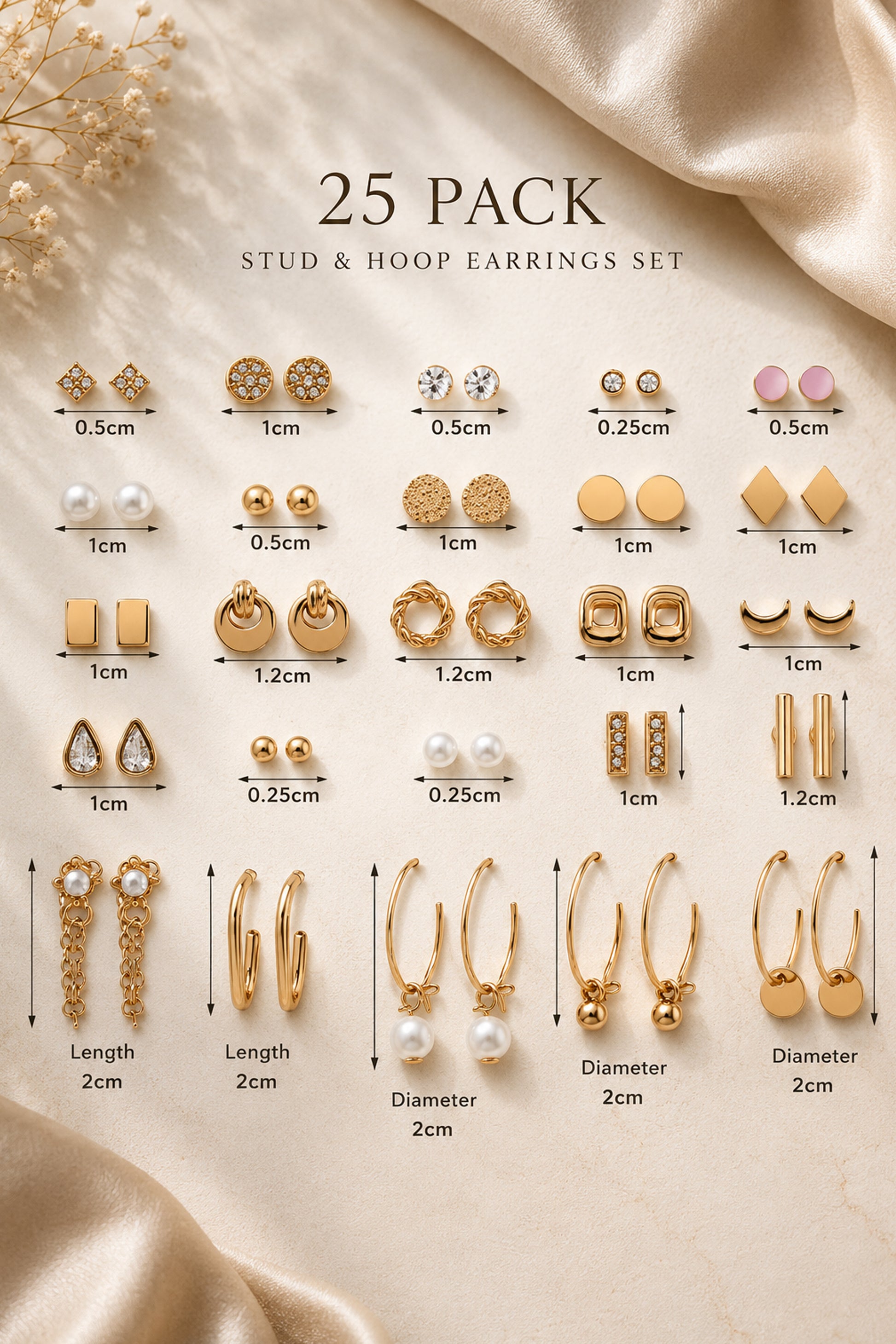 25 pack earrings set showing varied geometric and rounded profiles