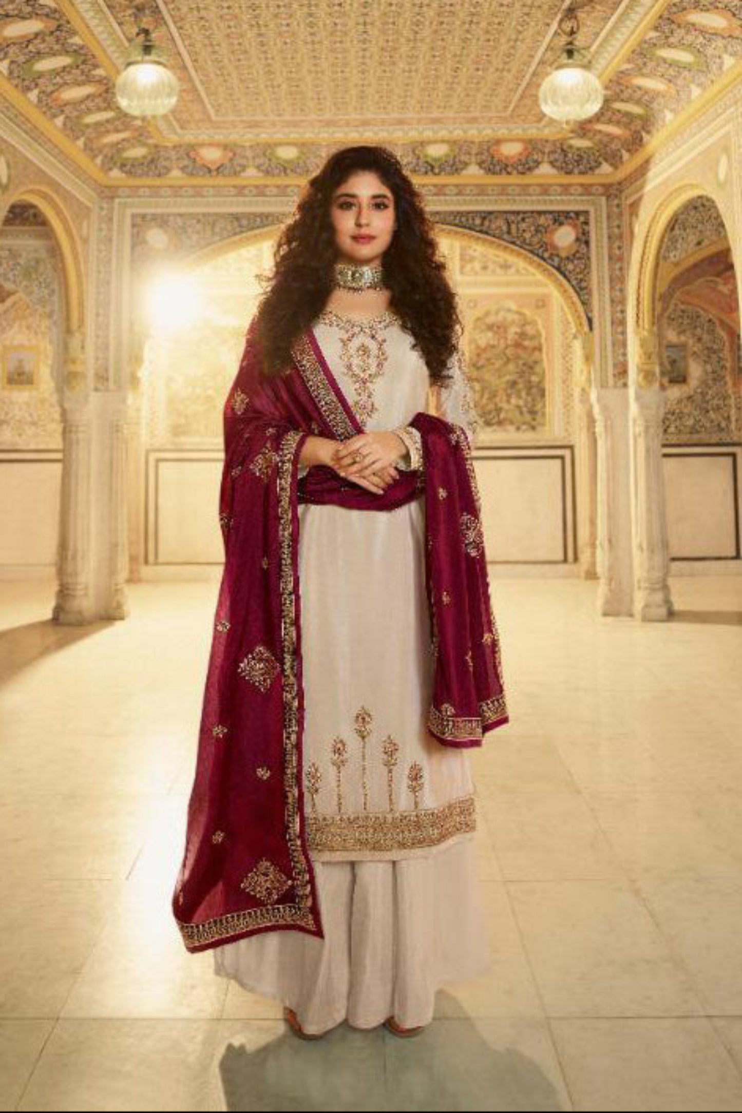 Ethnic Beige Embroidered Palazzo With Traditional Design