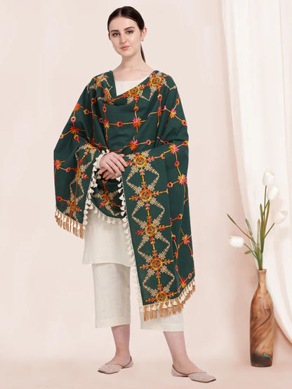 Dark Green Dupatta In Khadi Cotton With Embroidery