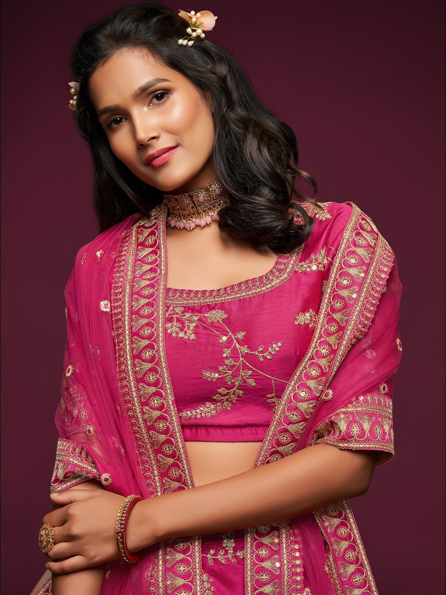 Pink Art Silk Reception Lehenga With Embroidery Detail