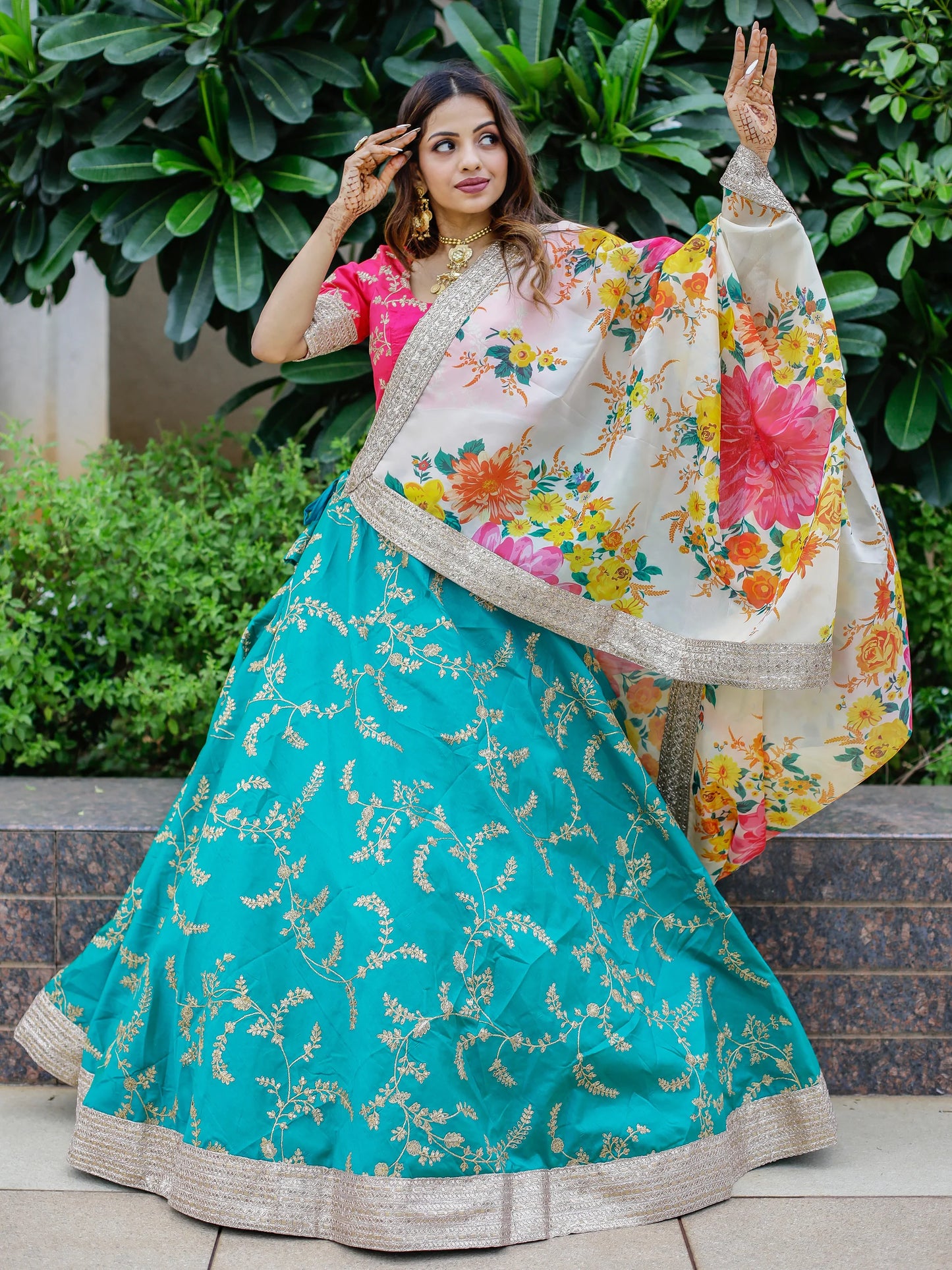 Cyan luxury lehenga with multi embroidery and dupatta for reception.