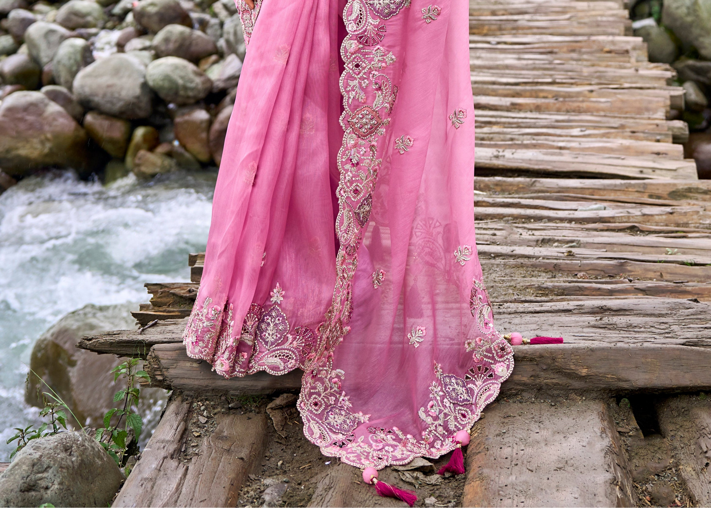 Pink organza C-pallu saree with silk blouse—ideal for ring ceremony.