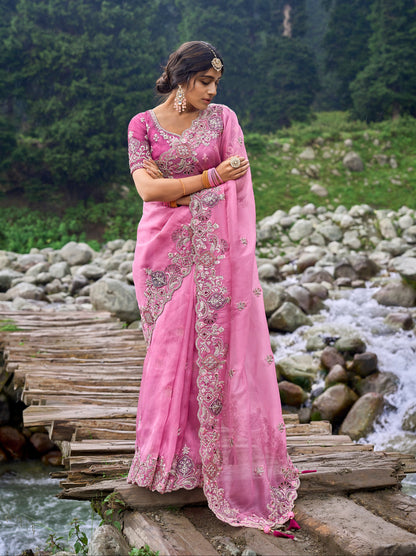 Pink organza C-pallu saree with silk blouse—ideal for ring ceremony.