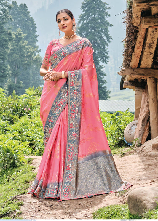 Grey-pink dola silk saree with embroidery and gota patti
