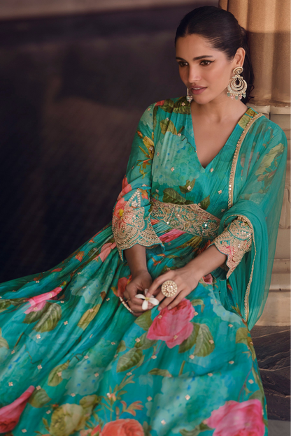 Designer Pakistani Eid Special Full Length Stylish Printed Anarkali Dupatta Gown Suit