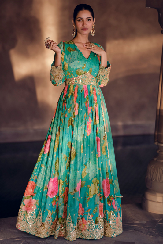 Designer Pakistani Eid Special Full Length Stylish Printed Anarkali Dupatta Gown Suit