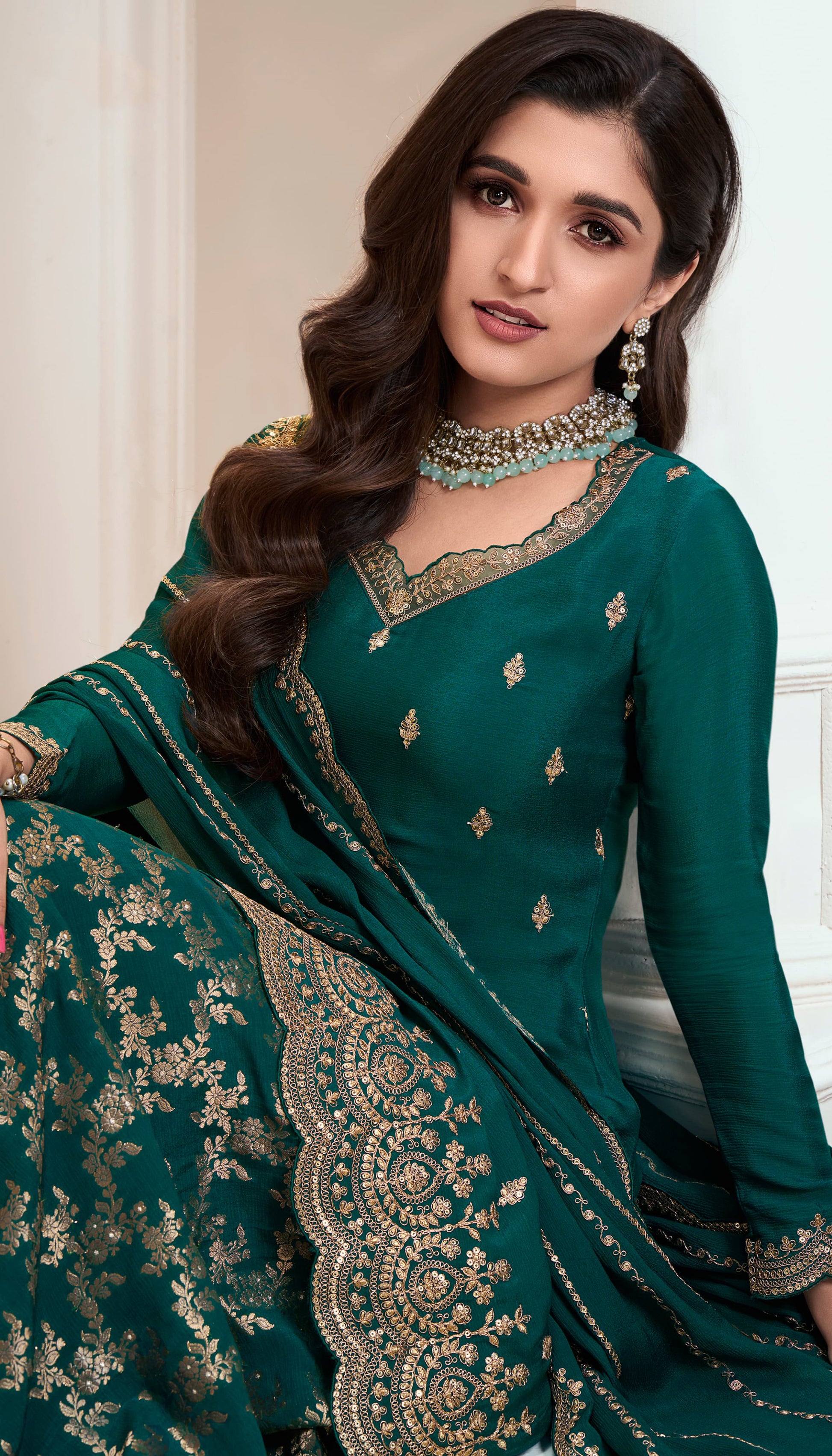 Embroidery Work Dark Green Palazzo Dress With Dupatta For Wedding Seyuri Embroidery Work Dark Green Palazzo Dress With Dupatta For Wedding Seyuri