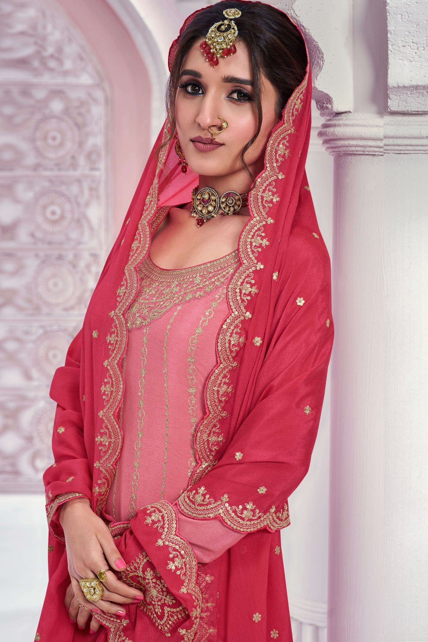 Peach Chinon Silk Palazzo Suit For Ethnic Style Outfit