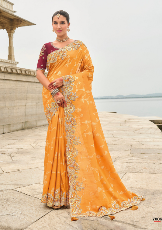 Orange Gadwal Silk Saree with Magenta Blouse for Sangeet & Weddings